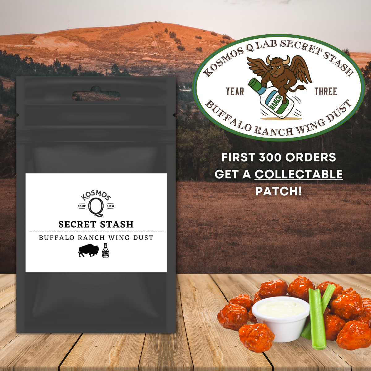 Kosmos Q Lab Secret Stash Buffalo Ranch Wing Dust package with buffalo wings and celery on a rustic background.