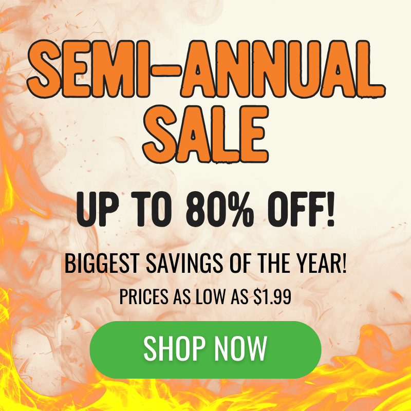 Promotional sale graphic with the text 'SEMI-ANNUAL SALE', 'UP TO 80% OFF!', 'BIGGEST SAVINGS OF THE YEAR!', 'PRICES AS LOW AS $1.99', and a green 'SHOP NOW' button over a light background with orange and yellow flame-like graphics.