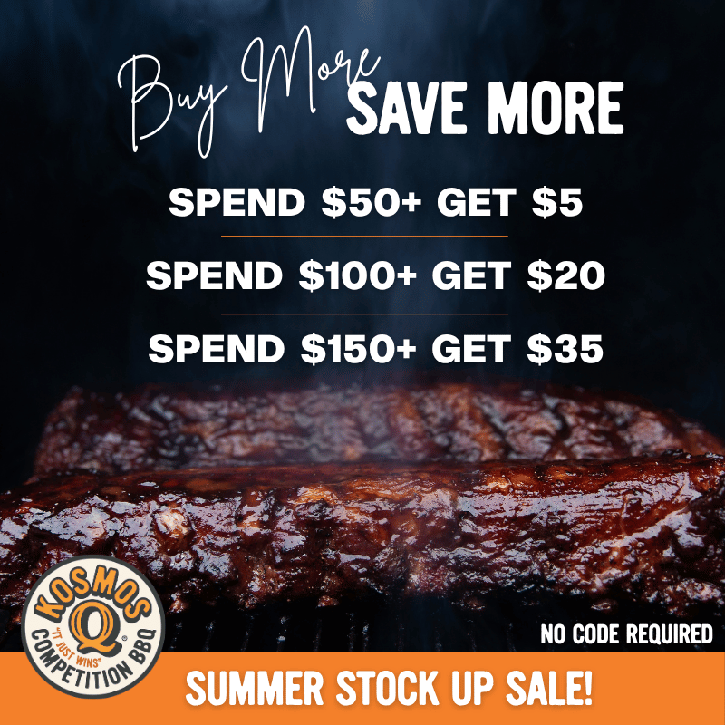 Promotional graphic for a summer stock up sale with grilled meat and discount information.