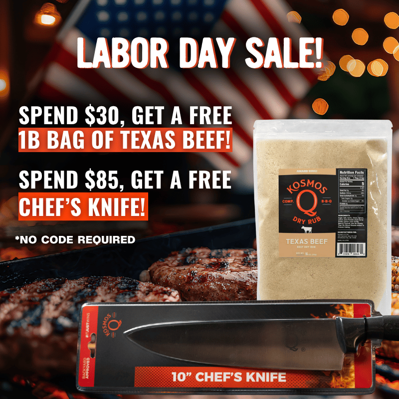 Labor Day sale promotional graphic featuring a 12 oz bag of Kosmos Dry Rub Texas Beef and a 10-inch chef's knife in retail packaging, with text offering free items for $30 and $85 spending and an American flag/grilled meat background.