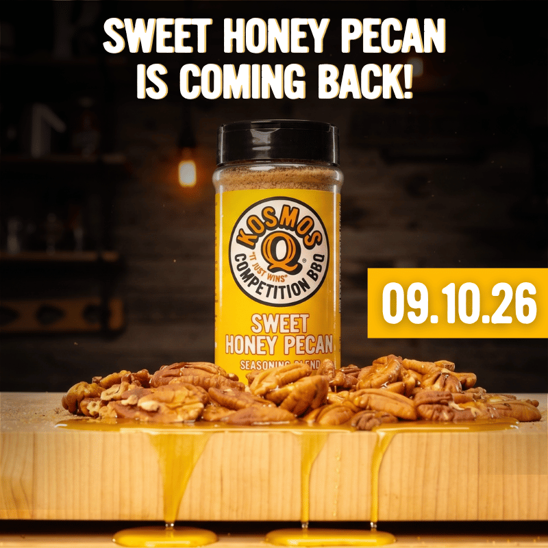 Shaker of sweet honey pecan rub on cutting board with pecans and honey dripping down. Restock date of 9.10.26