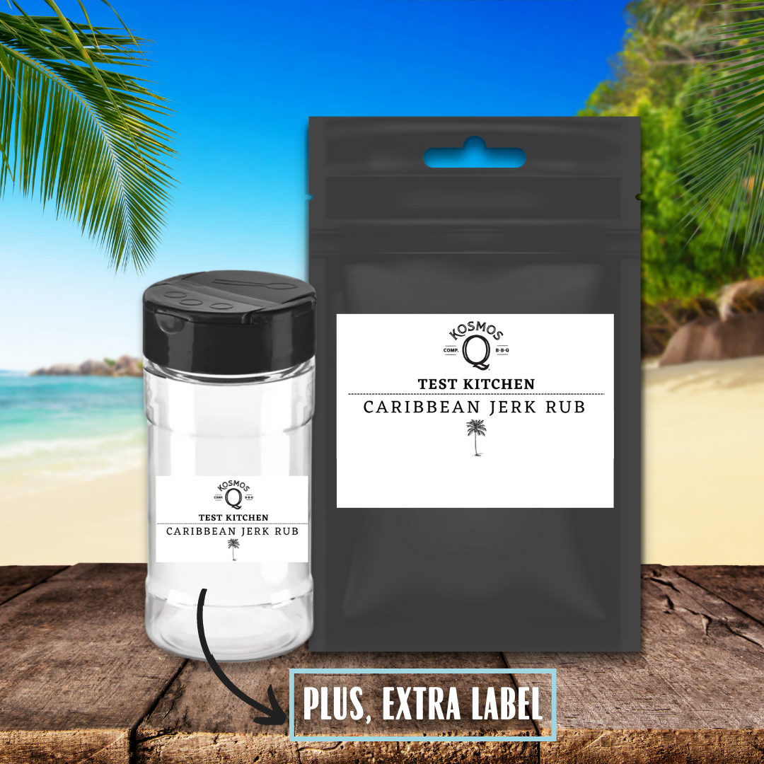 Kosmo's Q Barbecue Rubs Single Bag + Empty Shaker + Extra Label Caribbean Jerk Rub