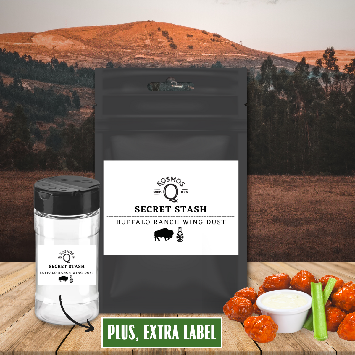 Kosmo's Q Barbecue Rubs Single Bag + Empty Shaker + Extra Label The Kosmos Q Lab Secret Stash: Buffalo Ranch Wing Dust