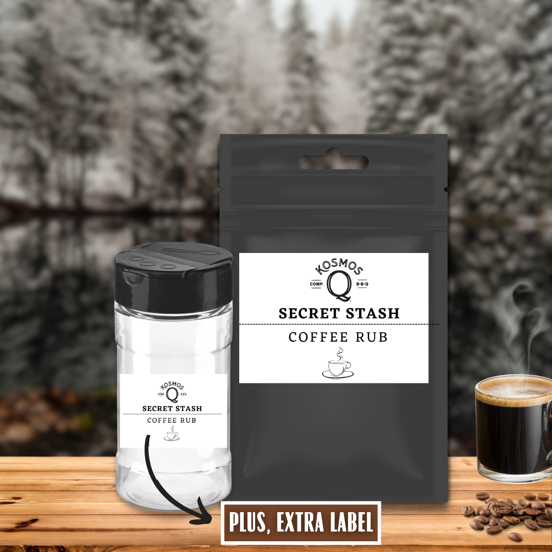 Kosmo&#39;s Q Barbecue Rubs Single Bag + Empty Shaker + Extra Label The Kosmos Q Lab Secret Stash: Coffee Rub