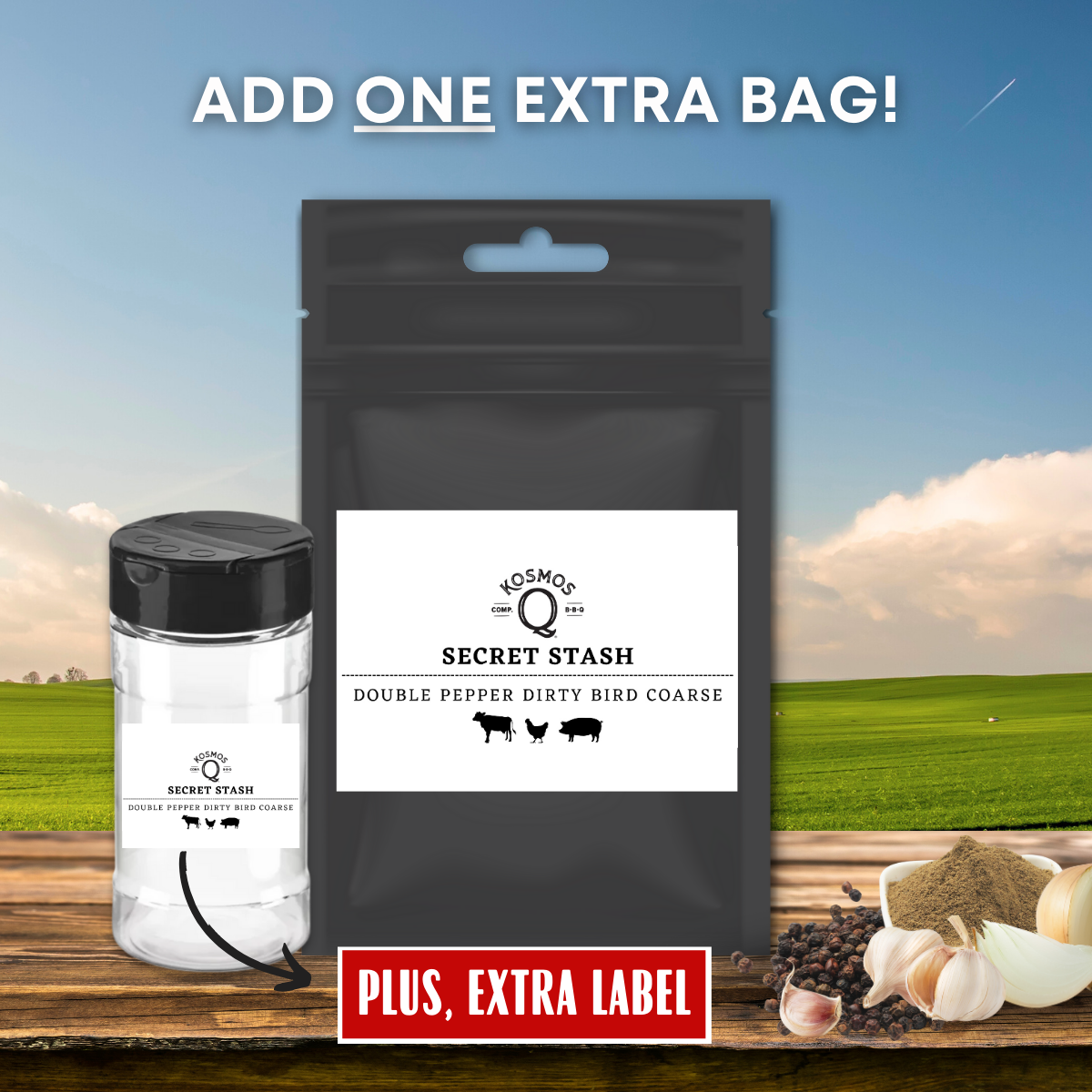 Kosmo&#39;s Q Barbecue Rubs Single Bag + Empty Shaker + Extra Label The Kosmos Q Lab Secret Stash: Double Pepper Dirty Bird COARSE