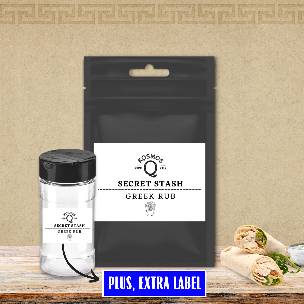 Kosmo's Q Barbecue Rubs Single Bag + Empty Shaker + Extra Label The Kosmos Q Lab Secret Stash: Greek Rub