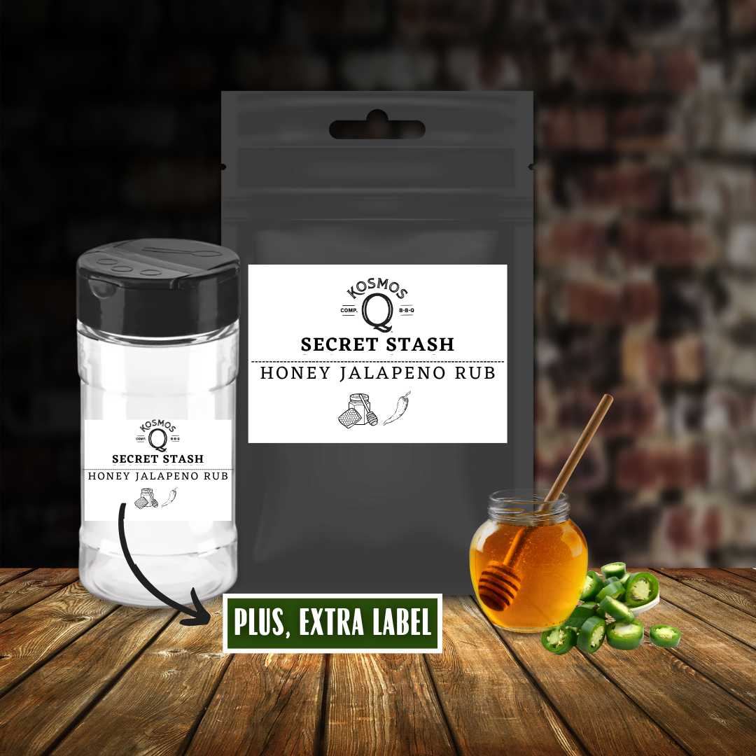 Kosmo's Q Barbecue Rubs Single Bag + Empty Shaker + Extra Label The Kosmos Q Lab Secret Stash: Honey Jalapeno Rub