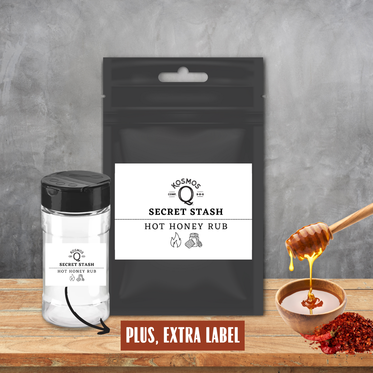 Kosmo's Q Barbecue Rubs Single Bag + Empty Shaker + Extra Label The Kosmos Q Lab Secret Stash: Hot Honey Rub