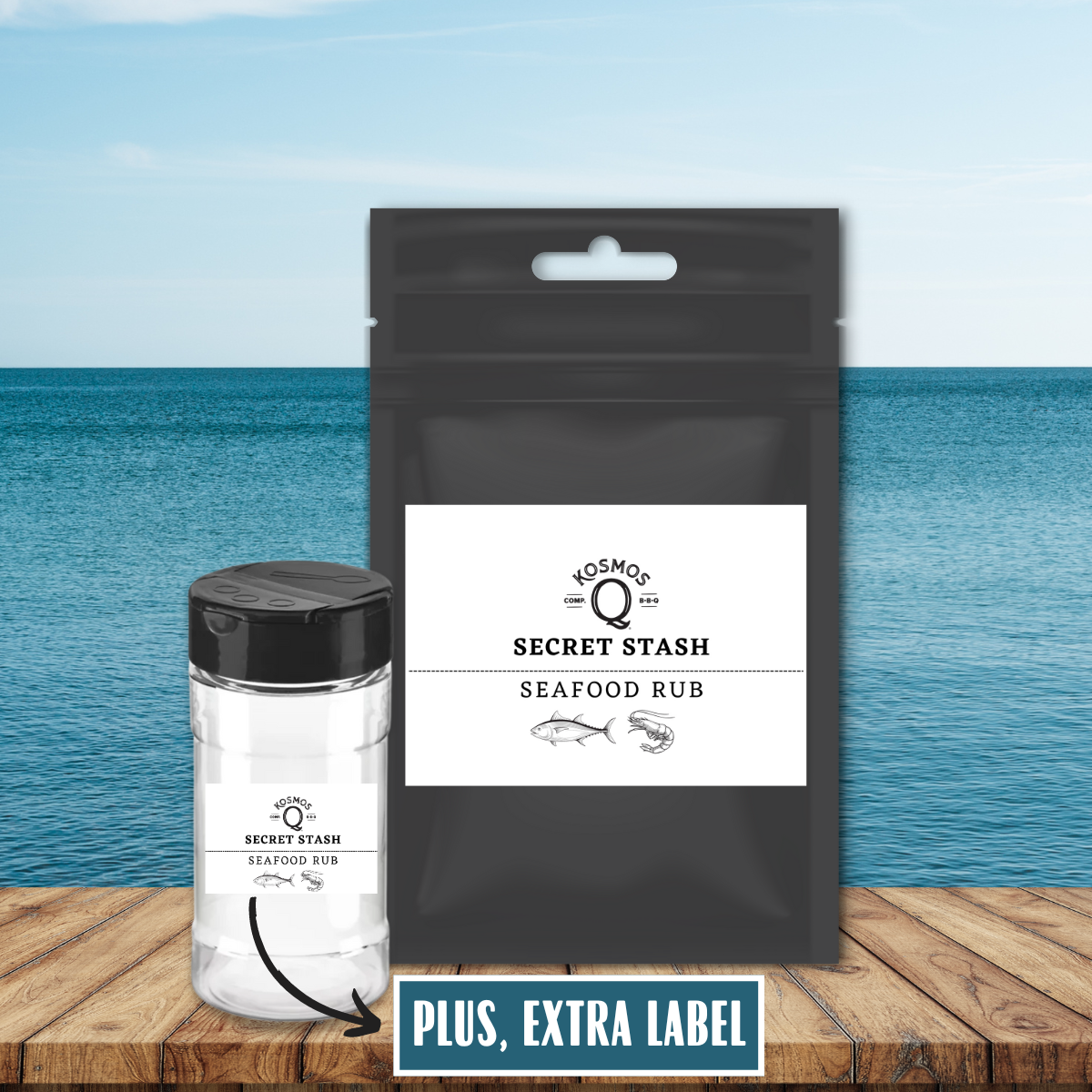 Kosmo's Q Barbecue Rubs Single Bag + Empty Shaker + Extra Label The Kosmos Q Lab Secret Stash: Seafood Rub