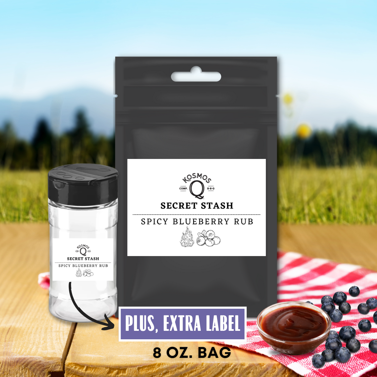 Kosmo's Q Barbecue Rubs Single Bag + Empty Shaker + Extra Label The Kosmos Q Lab Secret Stash: Spicy Blueberry Rub