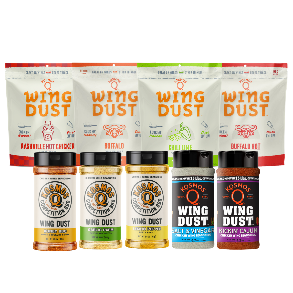 Wing Dust Combo Pack (11 Pack) | Buffalo, Nashville Hot, Kickin Cajun & More - Kosmos Q BBQ Products & Supplies Wing Dust Combo Pack (11 Pack) | Buffalo, Nashville Hot, Kickin Cajun & More - Kosmos Q BBQ Products & Supplies