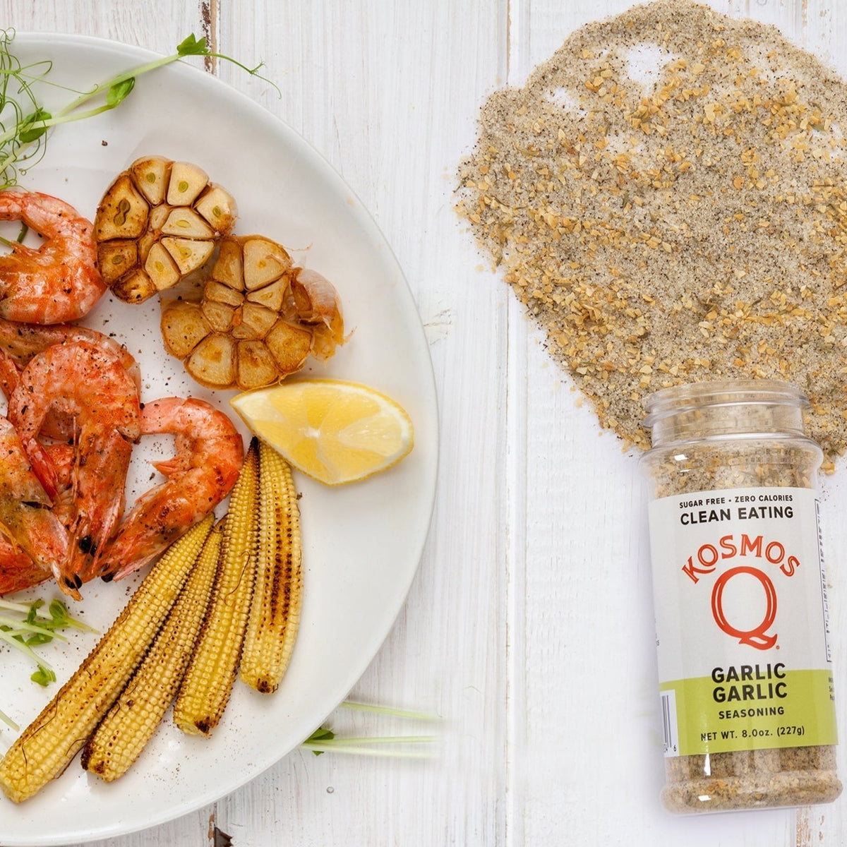 Garlic Garlic seasoning with shrimp, corn, garlic, and sprouts