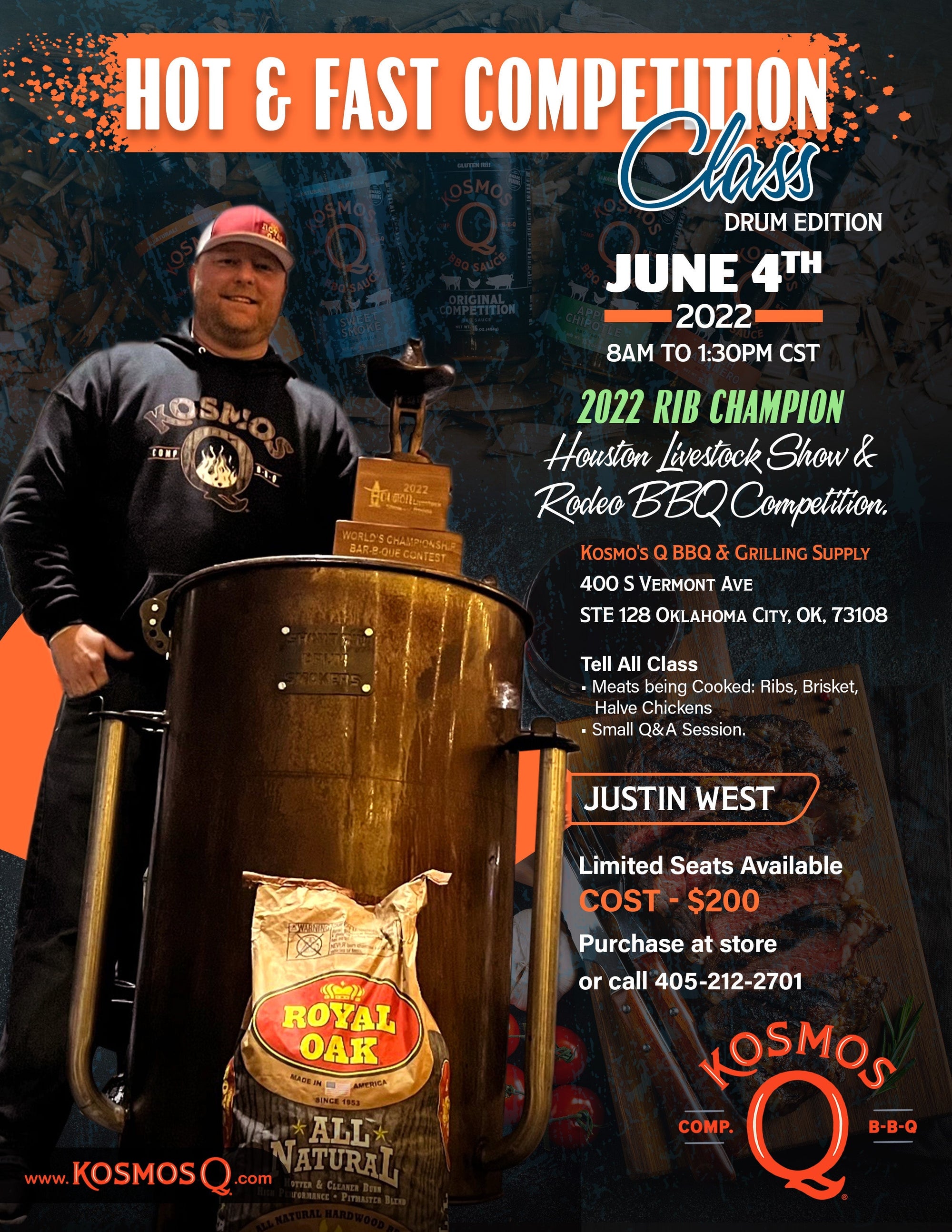 Kosmos Q BBQ Products & Supplies Live in Person @ Kosmos Q Grilling and BBQ Supply in OKC Hot & Fast Competition Class - Drum Edition with 2022 Rib Champion Justin West